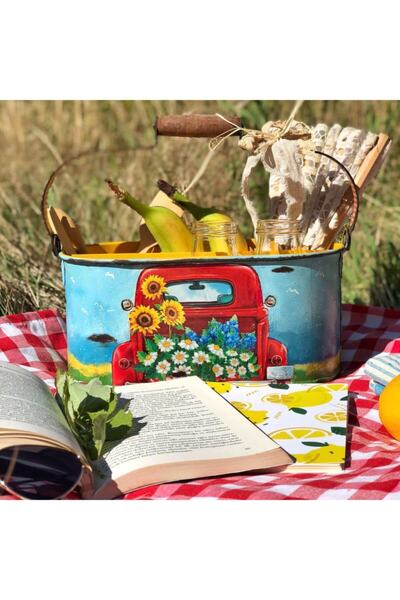 Handmadesign Kırmızı Arabalı Ayçiçek Papatya Galvaniz Çok Amaçlı Bölmeli Sepe...