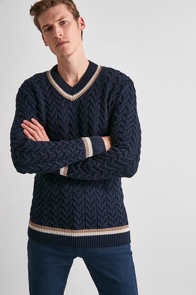 Trendyol Collection Sötétkék V-nyakú haj kötött kötött pulóver - TMNAW21KZ0403