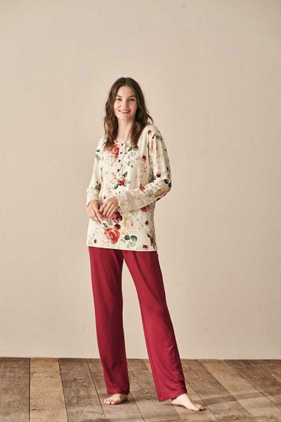 Feyza Women's Burgundy Long Sleeve Top Size Floral Print Sleeves Lace Detail Pajamas Set