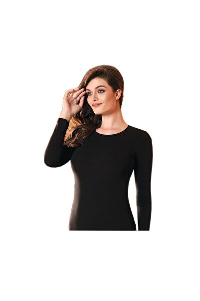 İki Yıldız جسم رياضي نسائي من الليكرا باللون الأسود بأكمام طويلة