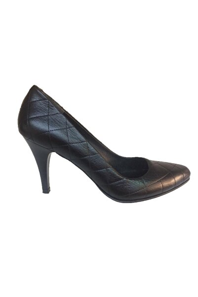 Elegan Kadın Siyah Hakiki Kapitone Desenli Stiletto