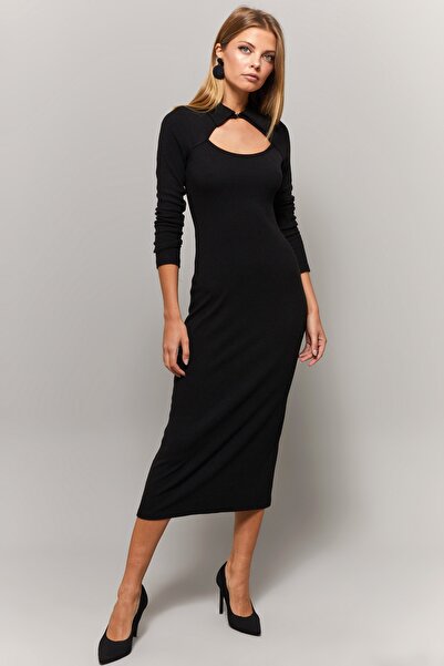 Cool & Sexy Kadın Siyah Gömlek Yaka Pencereli Elbise Yİ1957