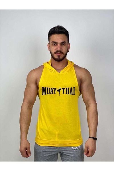 Black İstanbul قميص داخلي للياقة البدنية بغطاء للرأس باللون الأصفر Muay Thai للرجال