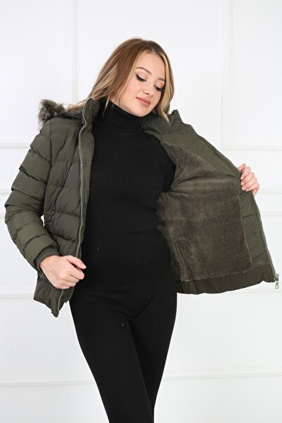 B&T Kadın Haki Suni Kürk Peluşlu Çıkarılabilir Kapüşonlu Içi Suni Kürklü Şişme Spor Mont