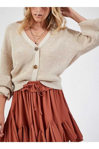 FY Giyim Women's Stone Color V-Neck Buttoned Knitwear Cardigan