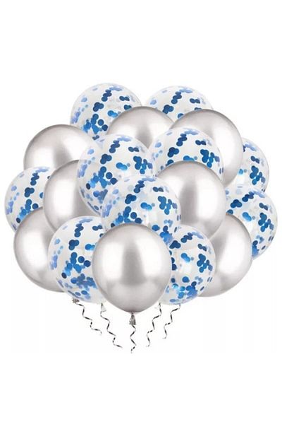 Deniz Party Store Dark Blue Confetti Transparent Balloon and Metallic Gray Balloon Set 20 Pieces