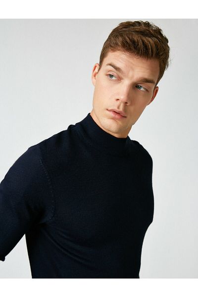 Koton Men's Navy Blue Long Sleeve High Collar Cotton T-Shirt