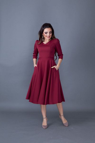 Bidoluelbise Rochie de damă bordeaux lungime midi cu decolteu în V cu buzunar