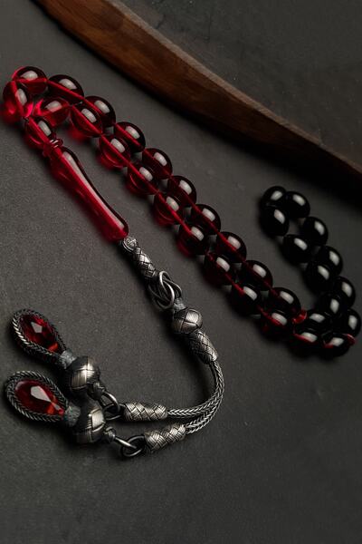 OTTOTESBİH Ασημένια Τσόκερ Καζάζ με Φούντες 8x12 χιλ. Κόκκινο Μαύρο Χρώμα Στρ...