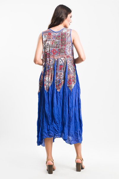Sosyete Kaplumbağa Women's Blue Cotton Authentic Bohemian Double-breasted Collar Strap Patchwork Dress