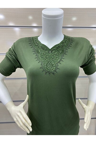 Nacar Kadın Haki Uzunkollu Anne Penye Buluz Rahat Kesim