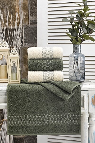 eumenia Foresthand and Face Towel Set |   Green-Cream 4 Pcs 50X90 cm