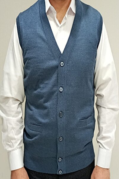 Çukurova Erkek Mavi Klasik Kesim Triko Örme Yünlü Yelek