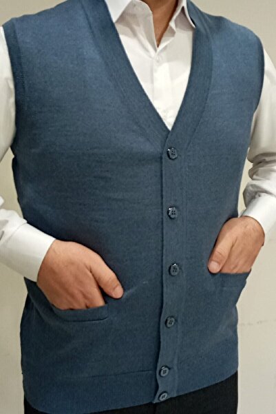 Çukurova Erkek Mavi Klasik Kesim Triko Örme Yünlü Yelek