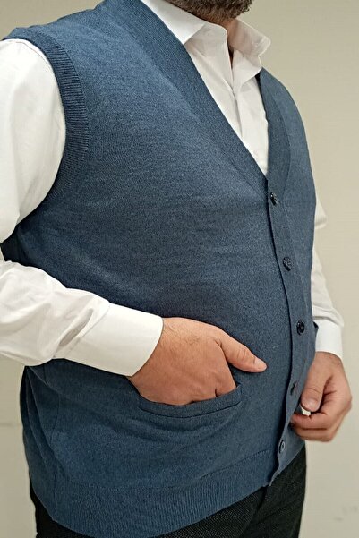 Çukurova Erkek Mavi Klasik Kesim Triko Örme Yünlü Yelek