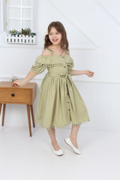 şımarık kids Girl's Green Pompom Crepe Dress