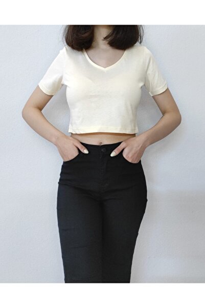 Bomenti Life Women's Cream Crop V-collar 100% Cotton Short Sleeve T-shirt