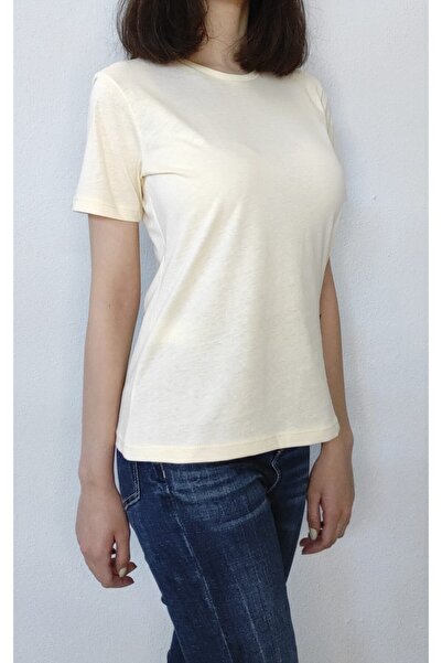 Bomenti Life Women's Cream Basic Crew Neck 100% Cotton Short Sleeve T-shirt