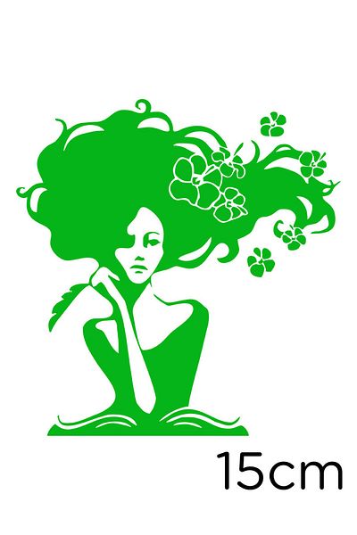 New Jargon Thinking Girl with Hair in Flowers Sticker Paste 15cm - Green