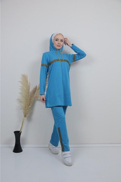 CNG MODA Women's Glitter Stripe Turquoise Blue Hijab Tracksuit Set