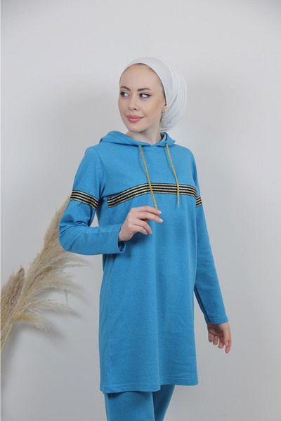 CNG MODA Women's Glitter Stripe Turquoise Blue Hijab Tracksuit Set
