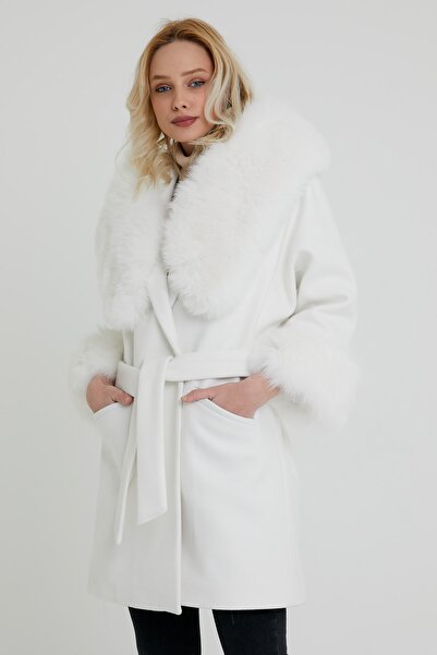 nero leather fur Kadın Geniş Kapüşonlu Kaban