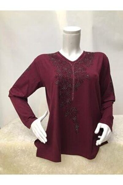 Nacar Anne Yeni Sezon Bordo Renkli Taşlı Penye Bluz