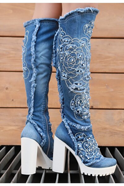 StarBlueMooN Kadın Mavi Uzun Kot Çizme