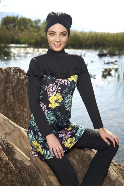 Estiva Kadın Siyah Fırfırlı Çiçekli Tam Kapalı Tesettür Mayo 2054