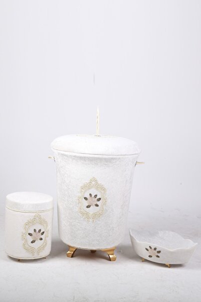 Bonny Home Σετ μπάνιου Shems Cream 3 τεμαχίων βελούδινο σετ καλάθι ρούχων με κορδόνια