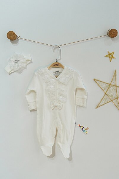 MİNİBORN Baby Girl Ecru Newborn Lace Piping Jumpsuit