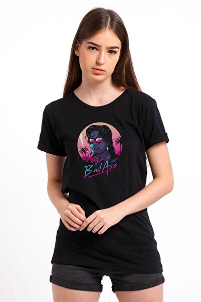 QIVI Stranger Things Bad Ass Baskılı Siyah Kadın Örme Tshirt T-shirt Tişört T...