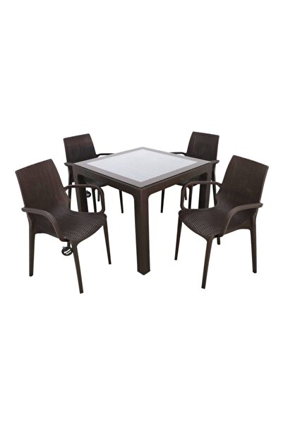 Mandella Elit Rattan 90x90 Nirvana Koltuk Camlı Masa Takımı Kahverengi