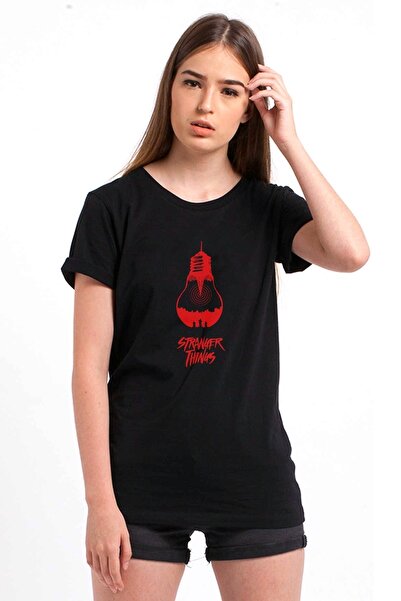 QIVI Stranger Things Ampul Baskılı Siyah Kadın Örme Tshirt T-shirt Tişört T S...