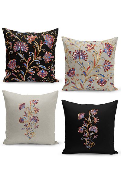 Filamente Set of 4 Throw Pillow Cases with Leaves and Paisley Pattern