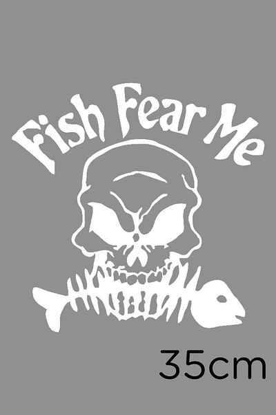 New Jargon Autocolant cu craniu cu pește Fear Me text și pește în gura 35cm - alb