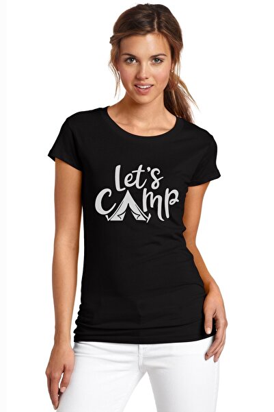 QIVI Tricou tricotat pentru femei Lets Go Camp imprimat negru
