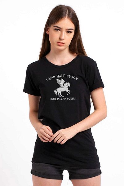 QIVI Tricou tricotat pentru femei Camp Half Blood Long Island Sound Printed Negru