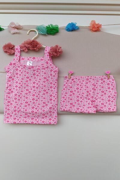 İki Yıldız Kız Bebek Pembe Çiçekli Askılı Pamuklu Atlet Boxer Külot Çamaşır T...