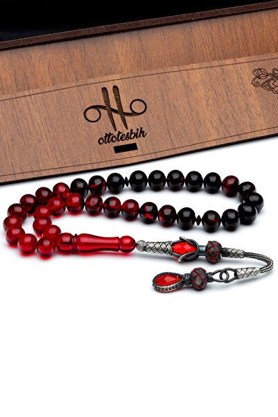 OTTOTESBİH Сребърна казаз пискюл 9 мм червено-черно-кехлибарено броеница