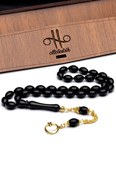 OTTOTESBİH Επιχρυσωμένο ασημένιο μοντέλο με φούντα Αστέρι και Σελήνη Μαύρο Χρώμα Κεχριμπάρι Ροζάριο