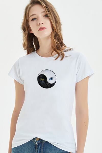 QIVI Ying Yang Cat mačka Štampano Bela Ženska Pleteno Majica T-shirt Majica