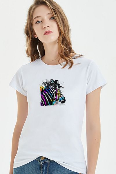 QIVI Zebra Printed White Women's Knitted T-shirt T-shirt T-shirt