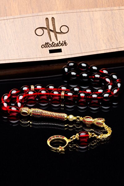 OTTOTESBİH Erkek Gümüş Püsküllü 8x12mm Kırmızı Siyah Renk Süzmesi Ateş Kehribar Tesbih