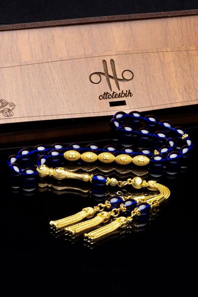 OTTOTESBİH Erkek Gümüş Püsküllü 8x12mm Parlament Mavisi Ateş Kehribar Tesbih, Isimli Tebih