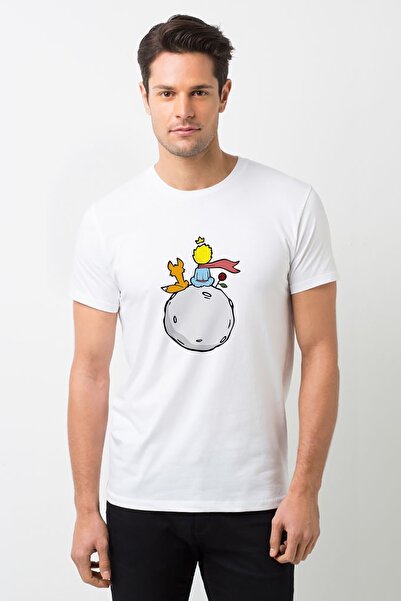 QIVI Mali princ Planet Mesečina Štampano Beli muškarci Pleteno Majica T-shirt...