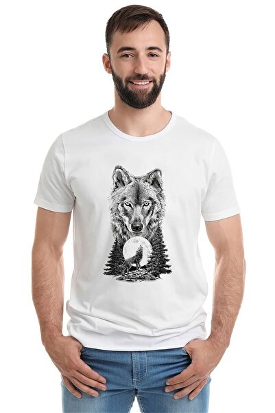 QIVI Wolf Full Moon Štampano Bela muška Pleteno majica