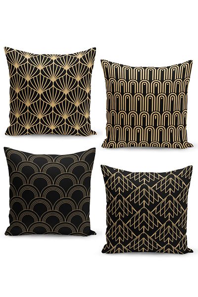 Filamente Set of 4 Throw Pillow Cases with Gold Stripe Pattern on Black Background