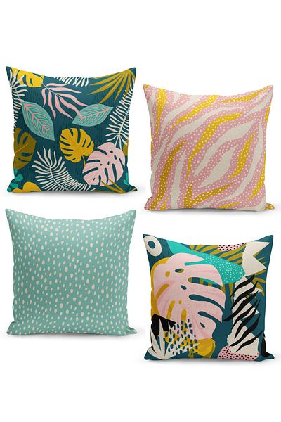 Filamente Set of 4 Throw Pillow Covers Tropical and Polka Dot Mid-Century Modern Art Design