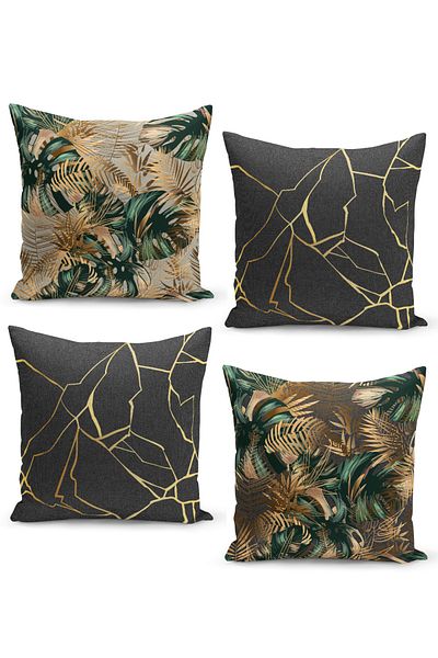 Filamente Set de huse de pernă 4 piese Tweed de in Aspect de fundal Frunze tropicale aurii și verzi